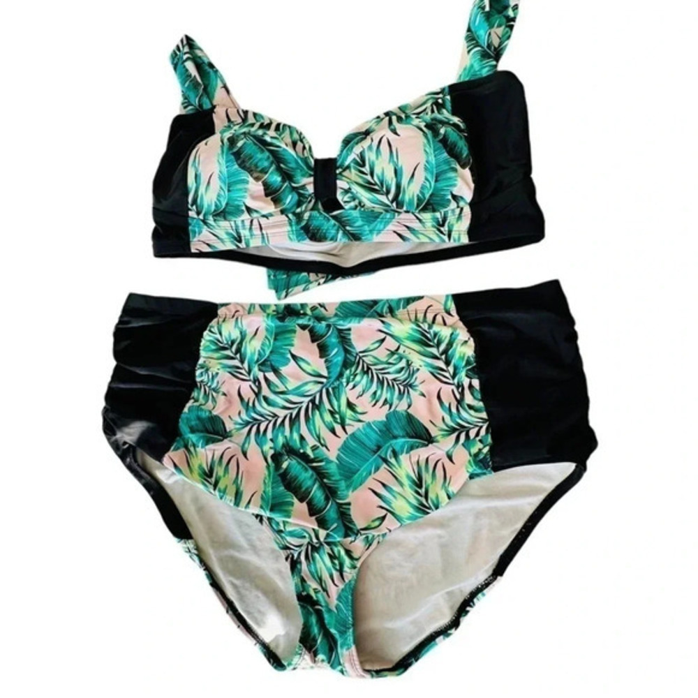 Allure by TMG Bikini Set 22/24 Black Green Tropical Palm Leaf High Waist Ruched